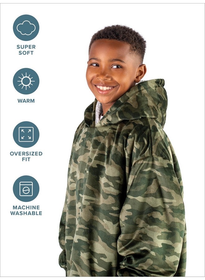 Bare Home Bare Home Sherpa Fleece Wearable Blanket - Oversized Wearable Blanket Hoodie - Kids Size - Warm & Cozy - Soft Blanket - Comfortable Blanket Sweatshirt with Dual-Sided Pockets (Kids, Camo - Green) - Image 4