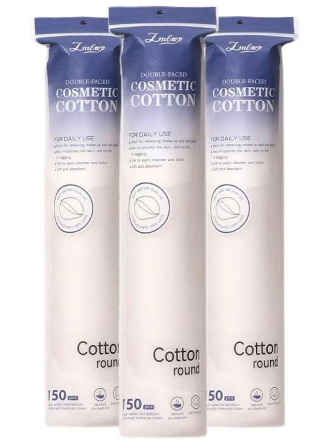 3 Packs of 100% Cotton Makeup Remover Cotton Pads, 3 * 150 Soft Round Cotton Pads, Suitable for Sensitive Skin, Gentle Makeup Removal, Pure Cotton Round Makeup Remover, 5.5 * 5.5 cm - Image 1