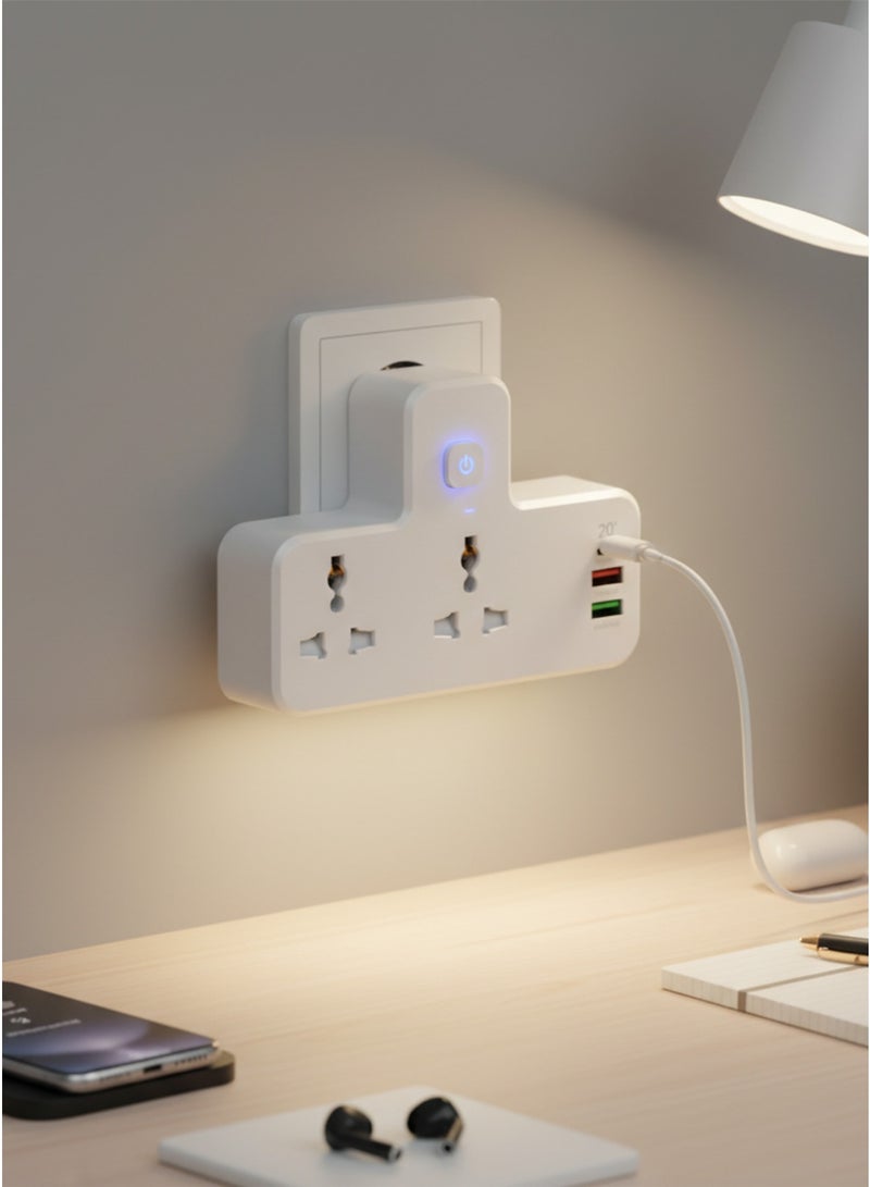 بيجانت مقبس تمديد طاقة 3 في 1 مع شحن سريع USB-C PD بقوة 20 واط، منفذي تيار متردد + منفذي USB-A + منفذ USB-C واحد، ضوء ليلي يعمل باللمس، محول متعدد المقابس صغير الحجم - Image 1