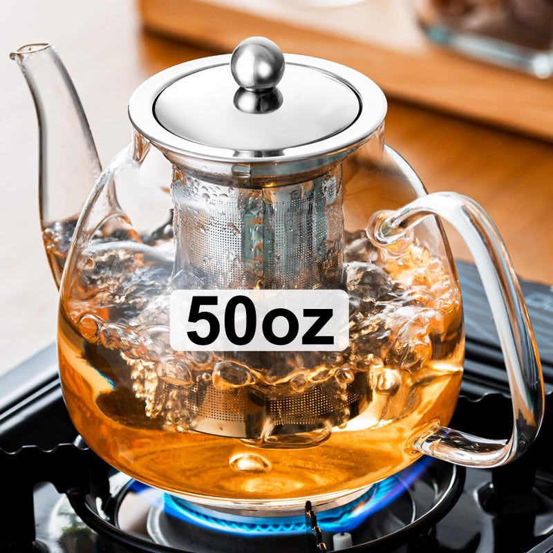 PARACITY Glass Teapot Stovetop 50 OZ1500ml Tea pot with Removable 188 Stainless Steel Infuser Borosilicate Clear Tea Kettle Teapot Blooming and Loose Leaf Tea Maker Tea Brewer for Camping Travel
