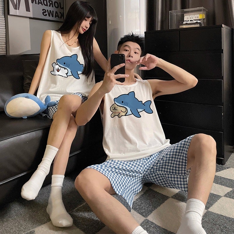 Cotton Couple Vest & Shorts Set - Women M-XL, Men L-XXL - Image 1
