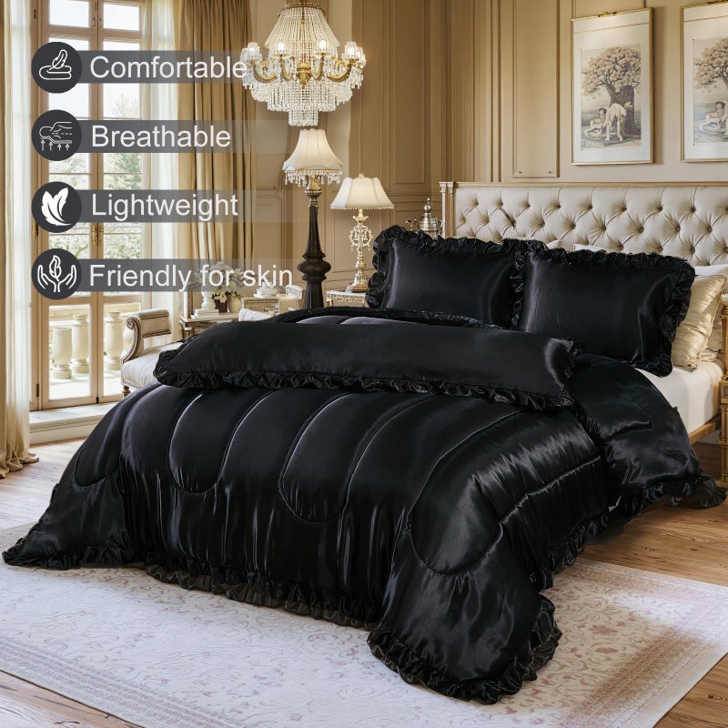 Bedding_Dreamer Satin Queen Comforter Set Silk Like Satin Bedding Set Hotel Soft Polyester Black Bed Set Luxury Silky Pillow Cover with Quilt Set Ruffle Down Comforter Home Decor - Image 2