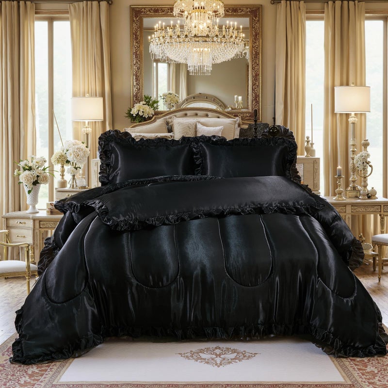 Bedding_Dreamer Satin Queen Comforter Set Silk Like Satin Bedding Set Hotel Soft Polyester Black Bed Set Luxury Silky Pillow Cover with Quilt Set Ruffle Down Comforter Home Decor - Image 3