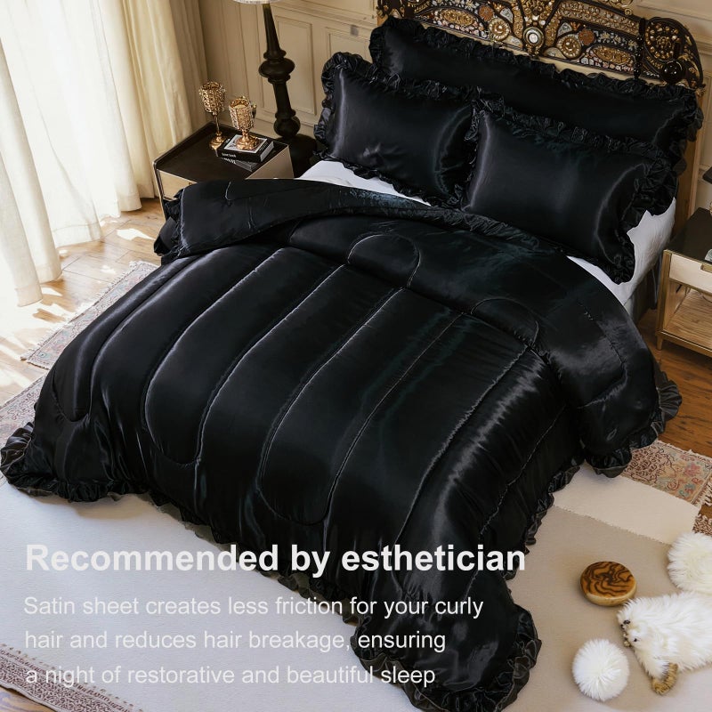 Bedding_Dreamer Satin Queen Comforter Set Silk Like Satin Bedding Set Hotel Soft Polyester Black Bed Set Luxury Silky Pillow Cover with Quilt Set Ruffle Down Comforter Home Decor - Image 4