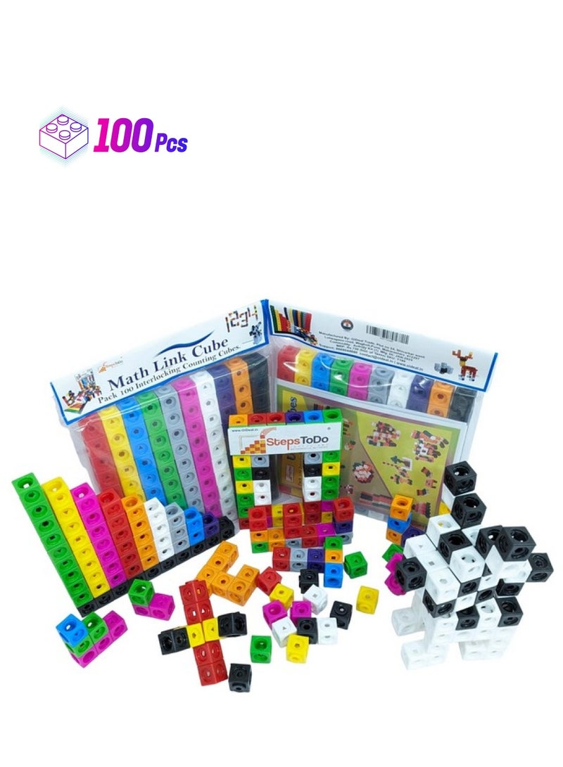StepsToDo Pack 100 Maths Cubes in 5 Colours. Math Teaching Aid. 2CM Size. Interlocking Counting Cubes. Linking Cubes. Snap Cubes. with Activity Booklet - Image 1