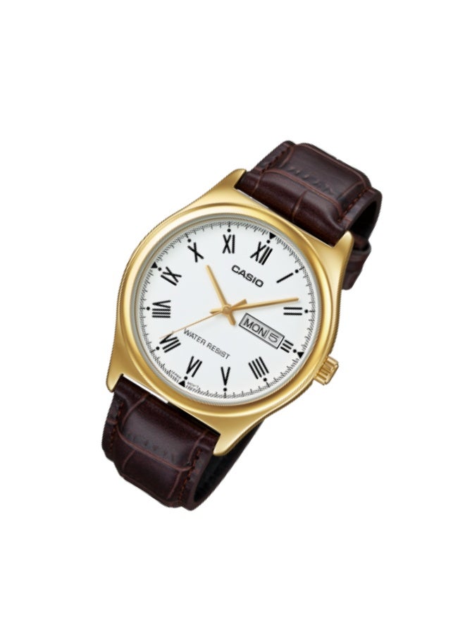 كاسيو ساعة كاسيو MTP-V006GL-7BUDF للرجال، كوارتز تناظرية، ميناء أبيض، هيكل من الفولاذ المقاوم للصدأ باللون الذهبي، حزام جلدي بني، أرقام رومانية، عرض اليوم والتاريخ، ساعة كلاسيكية أنيقة مقاومة للماء - Image 3