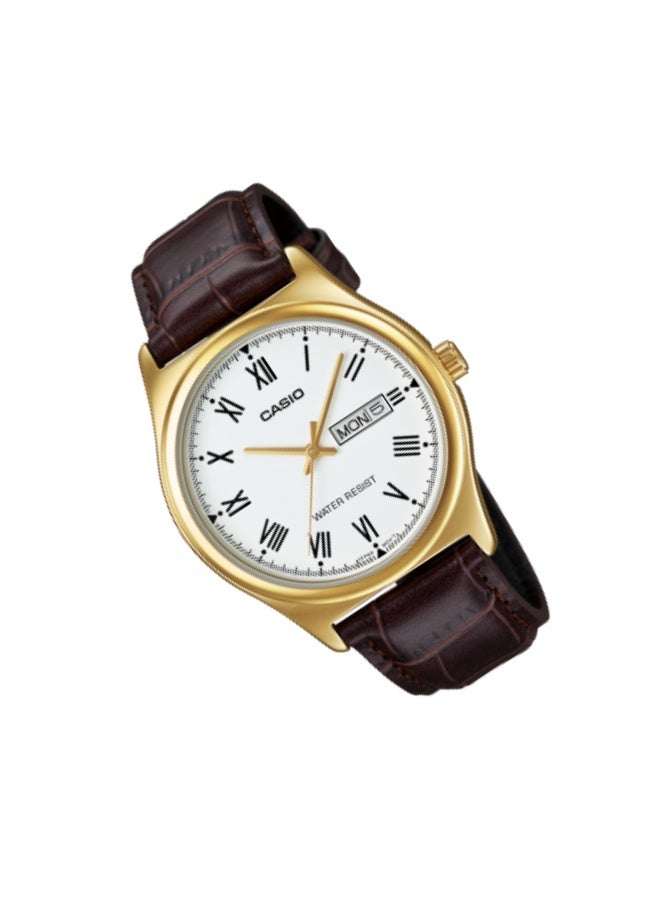 كاسيو ساعة كاسيو MTP-V006GL-7BUDF للرجال، كوارتز تناظرية، ميناء أبيض، هيكل من الفولاذ المقاوم للصدأ باللون الذهبي، حزام جلدي بني، أرقام رومانية، عرض اليوم والتاريخ، ساعة كلاسيكية أنيقة مقاومة للماء - Image 2