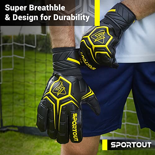 Sportout قفازات حارس المرمى سبورت آوت، قفازات حارس مرمى مع حماية للأصابع، قفازات حارس مرمى كرة القدم قابلة للتنفس، 4 مم لاتكس، للأطفال والشباب والبالغين (أصفر، 8) - Image 3