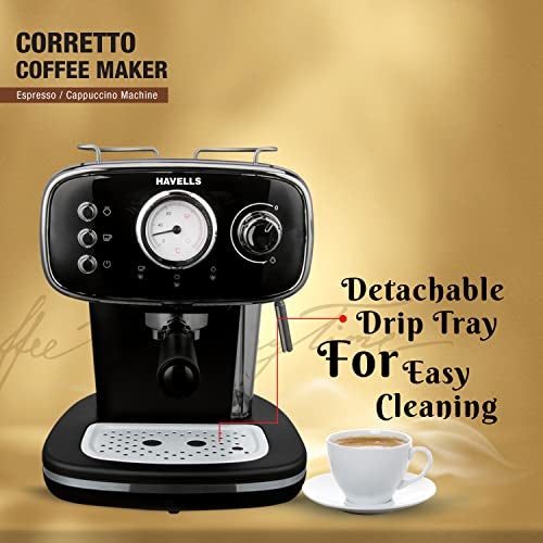 Havells Corretto Coffee Maker, Espresso/Cappuccino Machine with 15bar Pressure Pump | Thermometer Display | Frothing Function | Detachable Drip Trip | Filter Holder | Twin Brewing - Image 5
