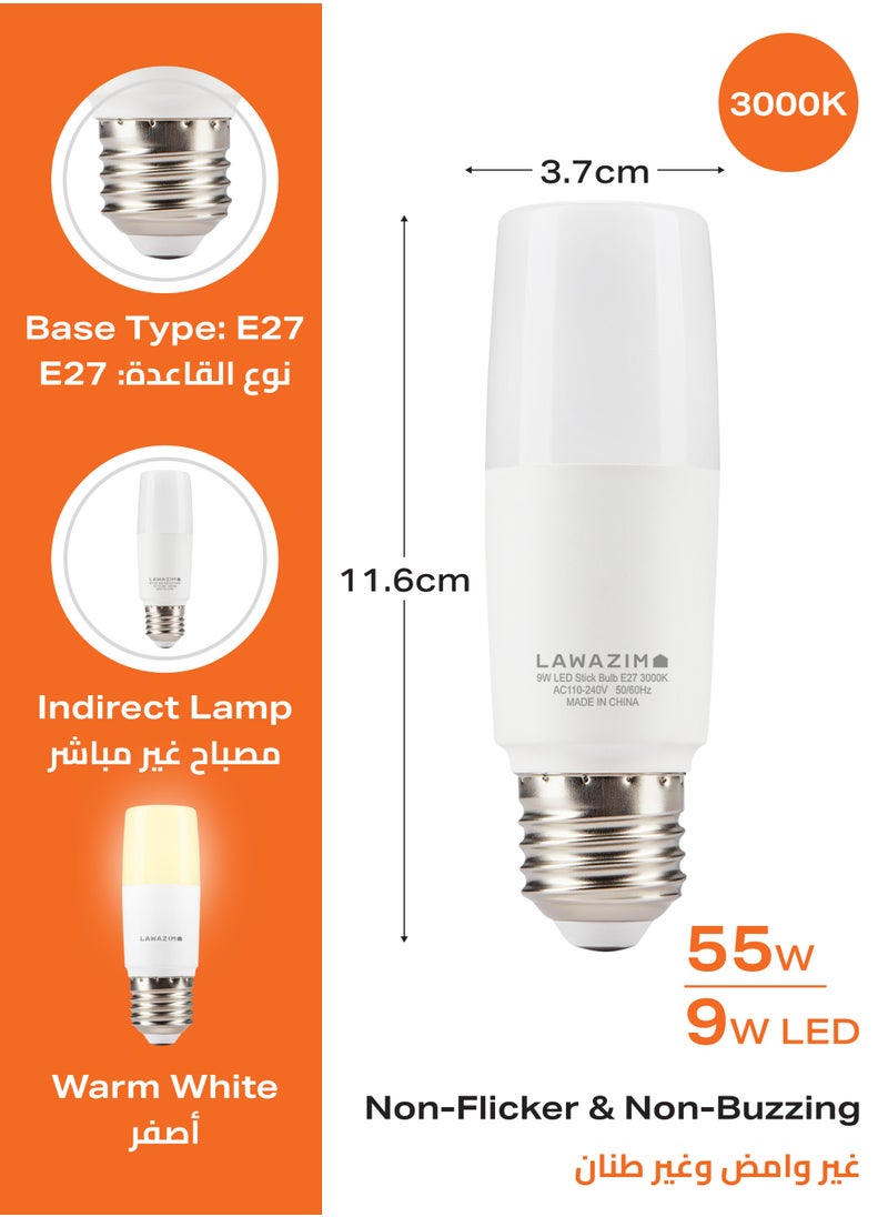 LAWAZIM - 9W LED Stick E27 -4 Piece 3000K Warm White- Energy Saving 55W Equivalent Non-Dimmable Lightbulbs with 720 Lumens and a Lifespan of 15,000 Hours - for Wall Sconces, Desk Lamps, and Garage Use - Image 1