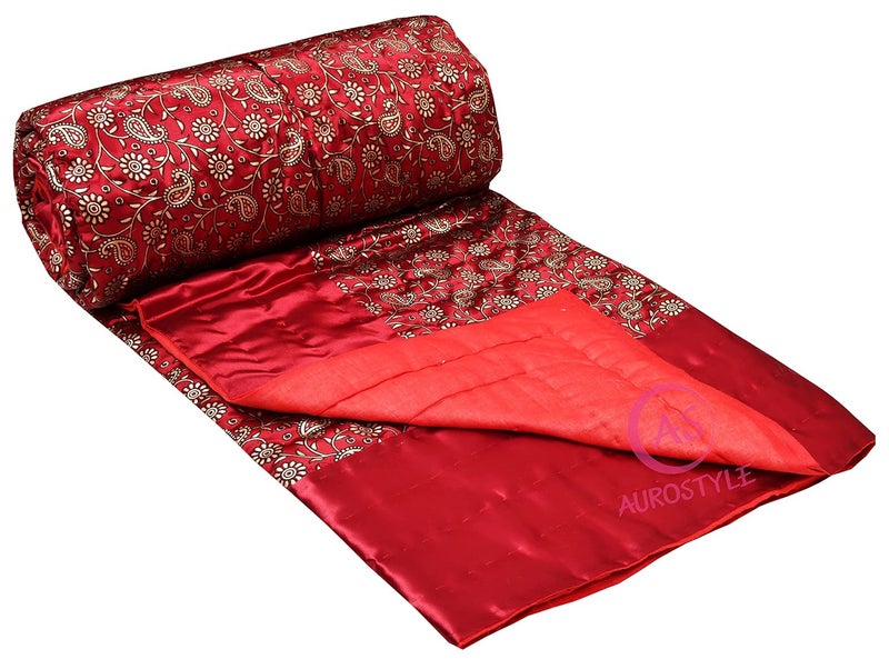 AUROSTYLE Cotton Filled Light Weight Silk Jaipuri AC QuiltRazai Over All Over Printed with Gold Print Jaipuri QuiltsRazai 85x55 Inch Red Jaal Print Single Bed - Image 3
