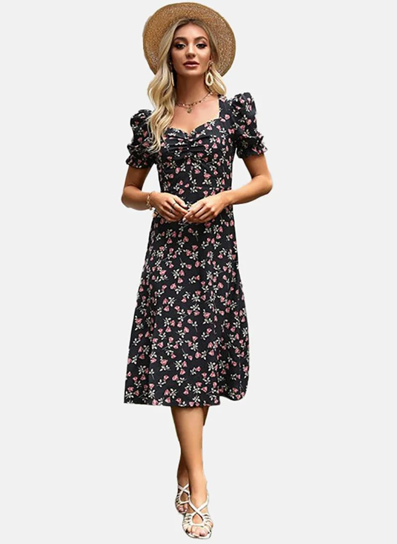 يونيكي Black Basic Floral Sweetheart Neck Half Sleeve Dress