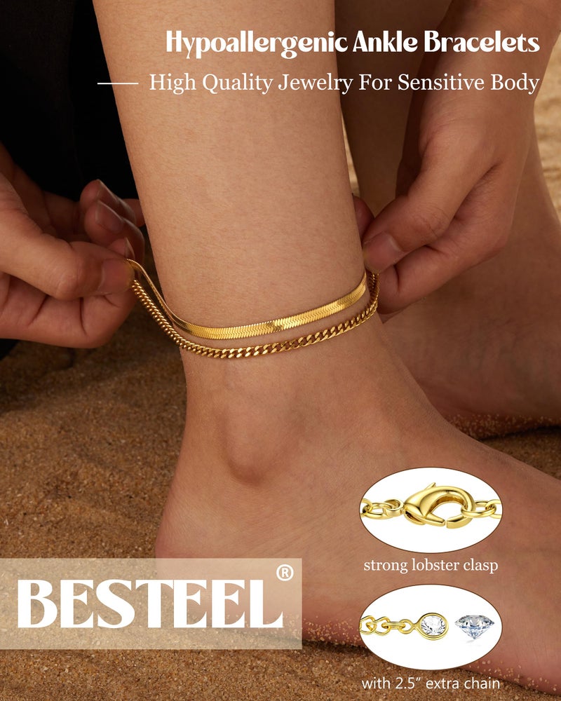 Besteel Ankle Bracelets for Women Waterproof - 14K Gold Plated Non Tarnish Layered Cuban Link Chain Rope Figaro Herringbone Anklets Set Plus Size Anklet Summer Foot Jewelry Gift Adjustable 8 Inch FG - Image 4