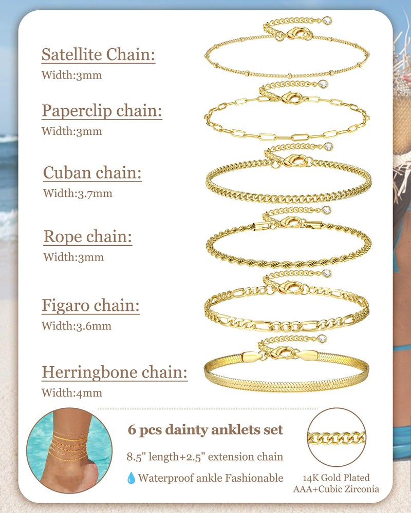 Besteel Ankle Bracelets for Women Waterproof - 14K Gold Plated Non Tarnish Layered Cuban Link Chain Rope Figaro Herringbone Anklets Set Plus Size Anklet Summer Foot Jewelry Gift Adjustable 8 Inch FG - Image 3
