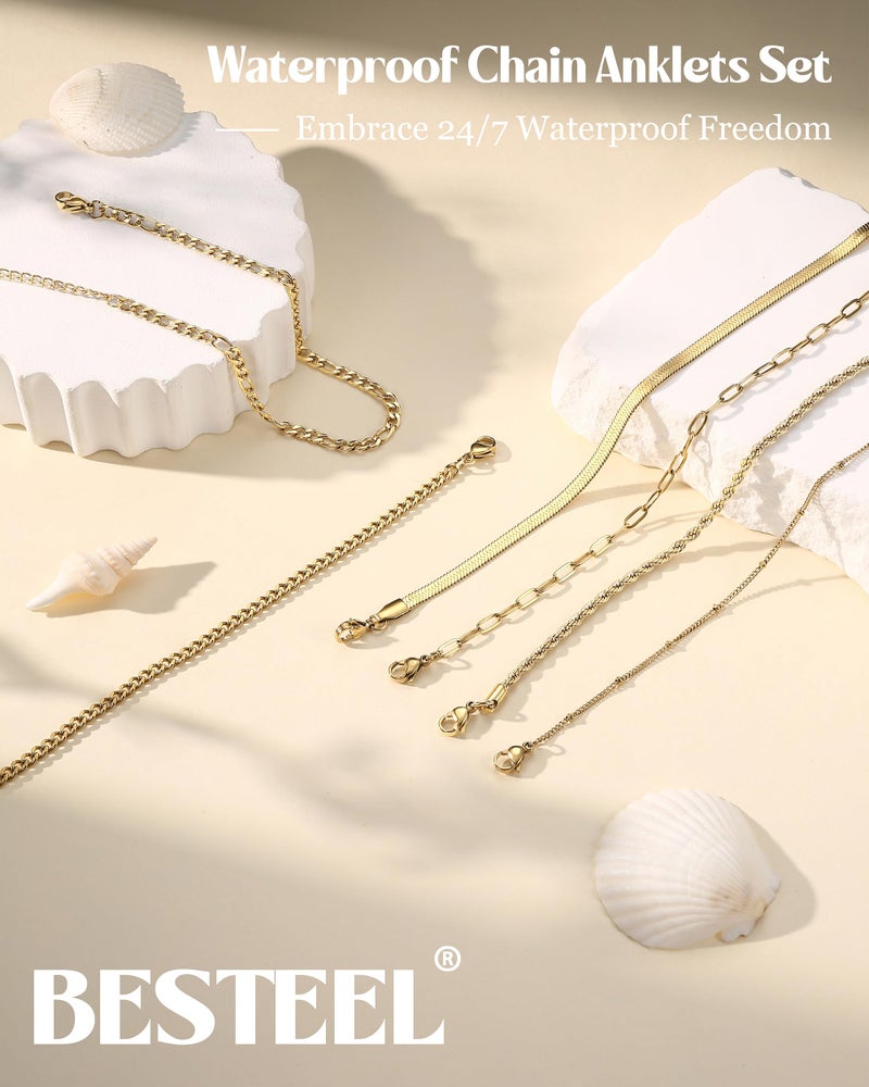 Besteel Ankle Bracelets for Women Waterproof - 14K Gold Plated Non Tarnish Layered Cuban Link Chain Rope Figaro Herringbone Anklets Set Plus Size Anklet Summer Foot Jewelry Gift Adjustable 8 Inch FG - Image 5