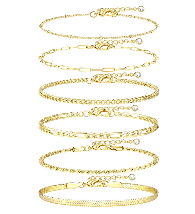 Besteel Ankle Bracelets for Women Waterproof - 14K Gold Plated Non Tarnish Layered Cuban Link Chain Rope Figaro Herringbone Anklets Set Plus Size Anklet Summer Foot Jewelry Gift Adjustable 8 Inch FG - Image 1