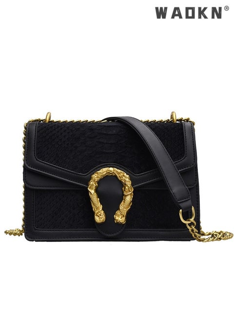 Women's Trendy Texture Shoulder Bag, Ladies Fashionable Crocodile Crossbody Bag Sling Bag Side Bag, PU Leather Chain Carry Bag Handbag Gift Bag（Black)