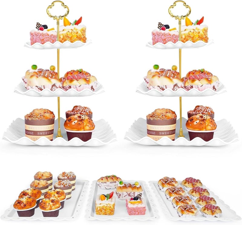 Findful 5 Pcs Dessert Table Display Set - 2 Pcs 3-Tier Dessert Display Stands & 3 Pcs Serving Tray - Dessert Trays Dessert Stands Treat Table Displays Set for Tea Parties,Birthdays & Baby Showers - Image 1