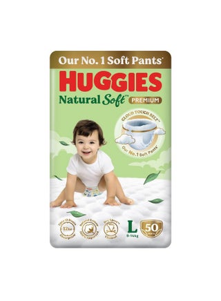 Huggies Natural Soft Premium Baby Diaper Pants, Our No.1 Soft Pants, Large (L) Size (9-14 Kgs), Pack of 50 diapers | Cloud Softness All over with India's 1st Cloud Touch Belt - pzsku/Z38D99F0C3B1FA5472281Z/45/_/1738305640/cb37e77a-3c10-4164-914c-988dee9ad17d