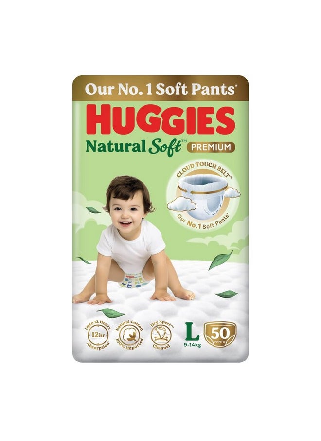 Huggies Huggies Natural Soft Premium Baby Diaper Pants, Our No.1 Soft Pants, Large (L) Size (9-14 Kgs), Pack of 50 diapers | Cloud Softness All over with India's 1st Cloud Touch Belt  - Image 1