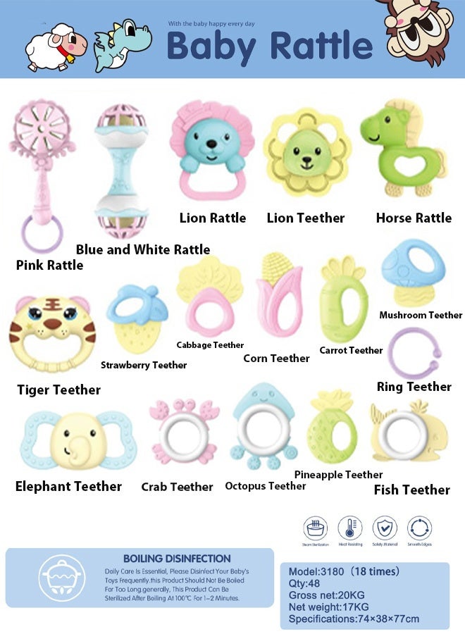 Berma Baby مجموعة ألعاب خشخيشة للأطفال مكونة من 18 قطعة، خشخيشة سهلة الإمساك، عضاضة حسية سهلة الإمساك، لعبة موسيقية تعليمية لتنمية الطفل، هدية عيد ميلاد لحفل استقبال المولود الجديد للأولاد والبنات - Image 2