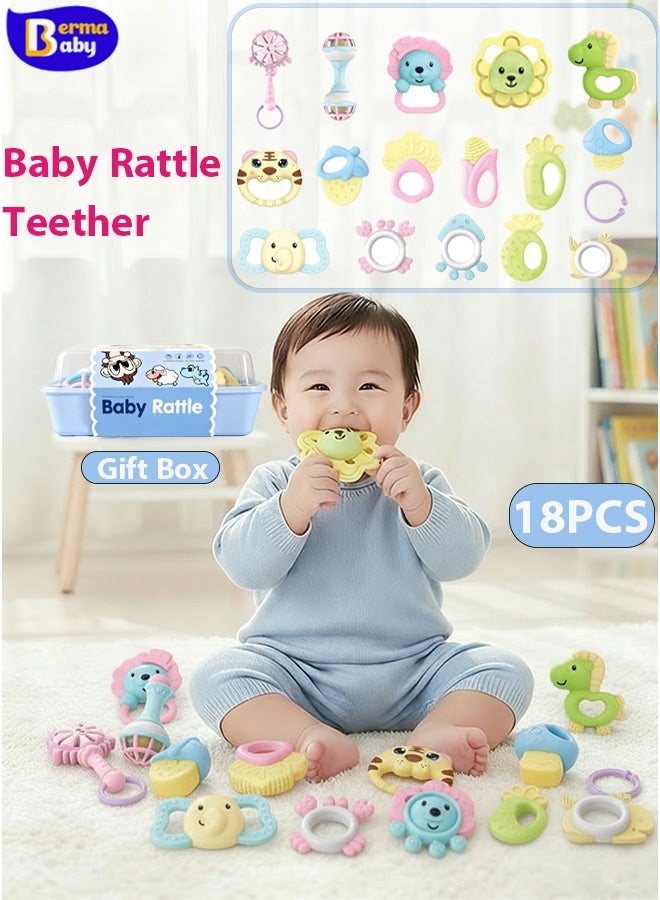 Berma Baby مجموعة ألعاب خشخيشة للأطفال مكونة من 18 قطعة، خشخيشة سهلة الإمساك، عضاضة حسية سهلة الإمساك، لعبة موسيقية تعليمية لتنمية الطفل، هدية عيد ميلاد لحفل استقبال المولود الجديد للأولاد والبنات - Image 1