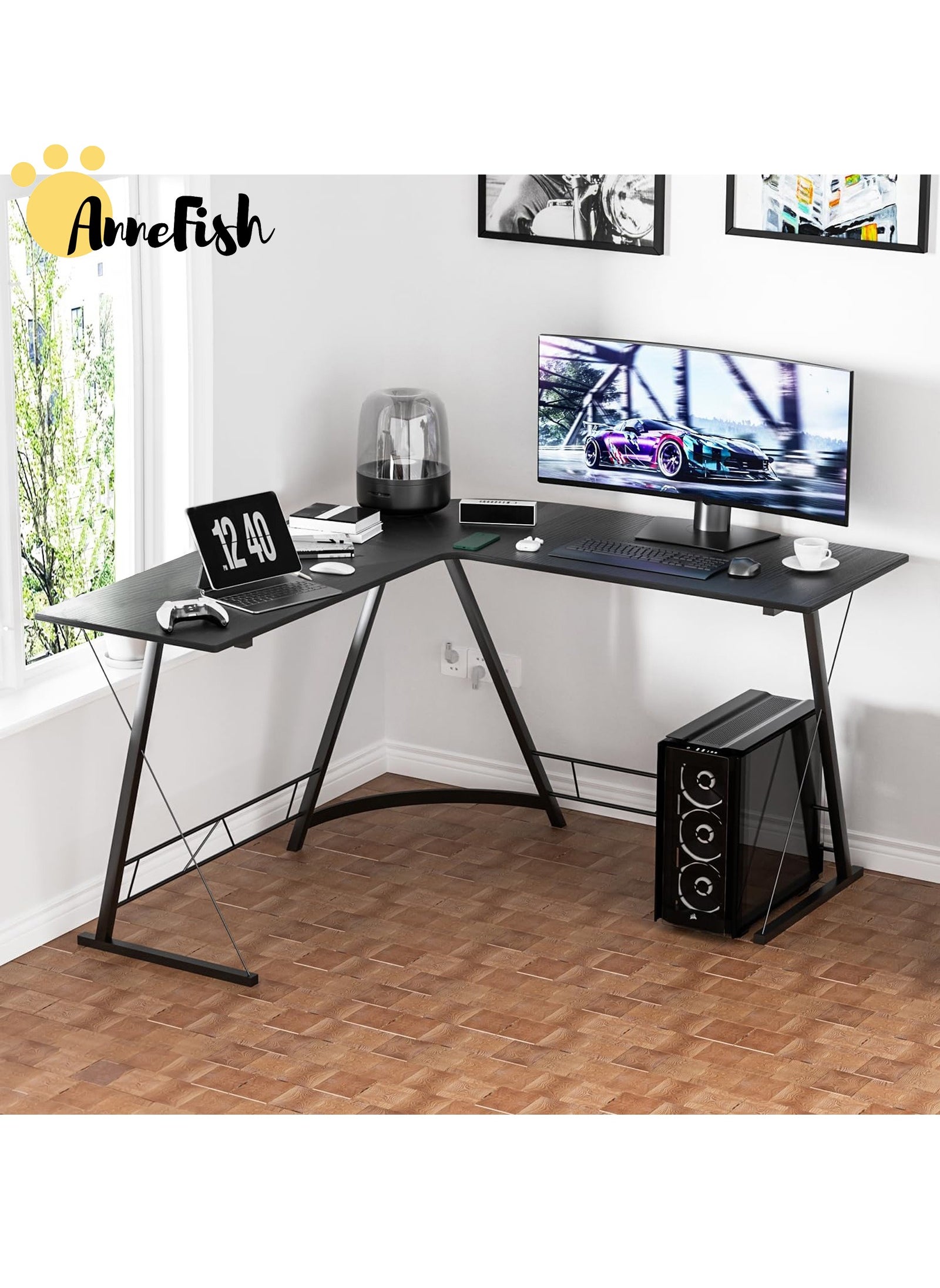 AnneFish L-Shaped Home Office Table Gaming Desk Computer Desk L Desk Workstation Corner Desk 