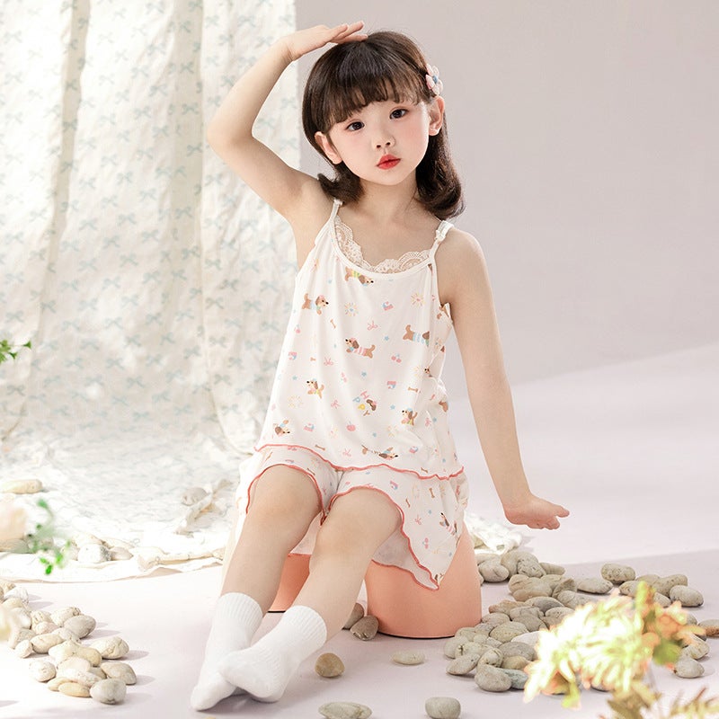 Modal Girls' Pajamas Summer Suspender Cool Vest Girls Cute Super Cute Home Clothes Set - Image 2