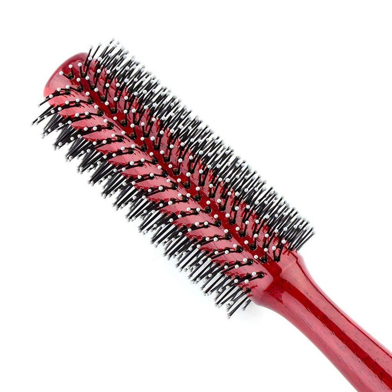 Small Round Wooden Hair Brush for Blow Drying with Wood Handle 16 Inch Width Soft Nylon Bristles Big Wave Roll Comb for Short Medium Curly Hair Red