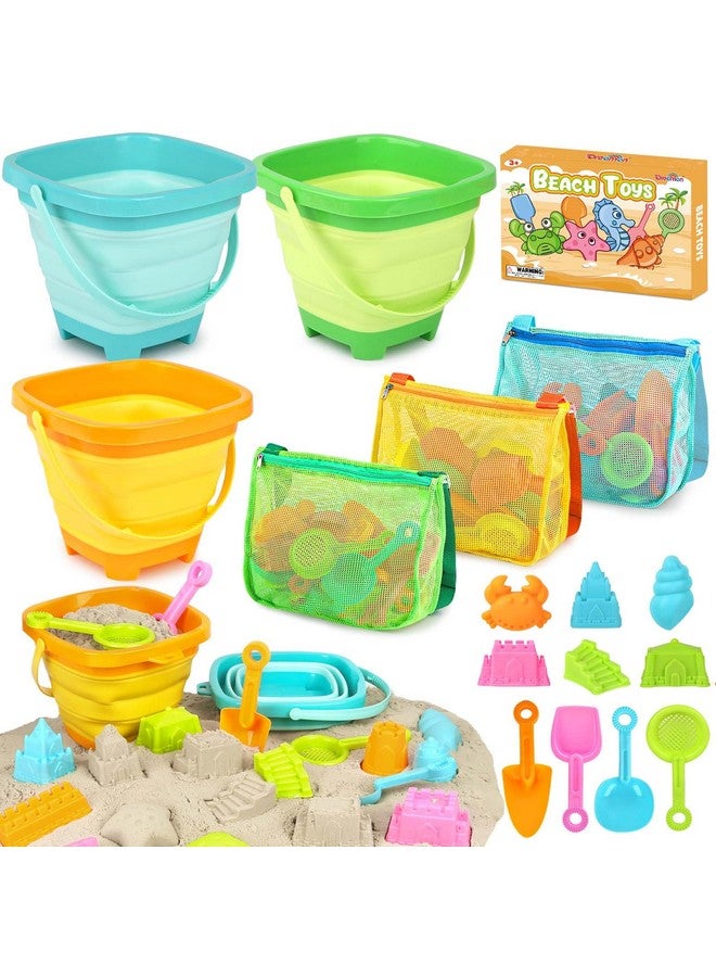 Dreamon Beach Toys for Kids 3-10, Collapsible Sand Toys Include 3 Pack Foldable Buckets with Mesh Bag, 24 PCS Beach Mold and Shovels Molds, Travel Sandbox Beach Toys for Toddler - Image 1