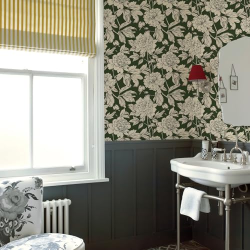 Simon&Siff Floral Linear Wallpaper, Black White Peel and Stick Wallpaper Sketch Flowers Removable Floral Wall Paper for Bedroom Bathroom Walls Cabinets Shelves (Green, 17.3"x118") - Image 5