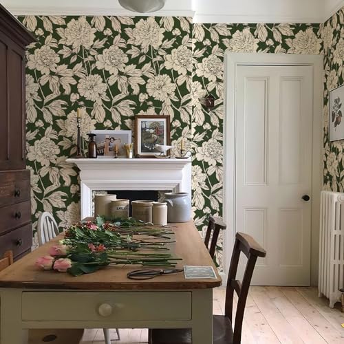 Simon&Siff Floral Linear Wallpaper, Black White Peel and Stick Wallpaper Sketch Flowers Removable Floral Wall Paper for Bedroom Bathroom Walls Cabinets Shelves (Green, 17.3"x118") - Image 4