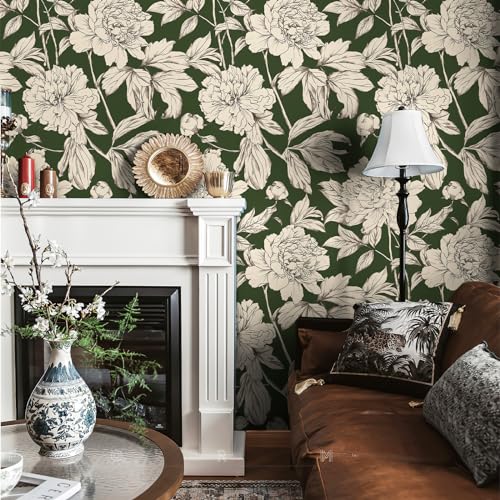 Simon&Siff Floral Linear Wallpaper, Black White Peel and Stick Wallpaper Sketch Flowers Removable Floral Wall Paper for Bedroom Bathroom Walls Cabinets Shelves (Green, 17.3"x118") - Image 3
