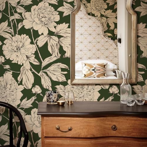 Simon&Siff Floral Linear Wallpaper, Black White Peel and Stick Wallpaper Sketch Flowers Removable Floral Wall Paper for Bedroom Bathroom Walls Cabinets Shelves (Green, 17.3"x118") - Image 2