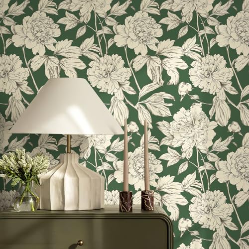 Simon&Siff Floral Linear Wallpaper, Black White Peel and Stick Wallpaper Sketch Flowers Removable Floral Wall Paper for Bedroom Bathroom Walls Cabinets Shelves (Green, 17.3"x118") - Image 1