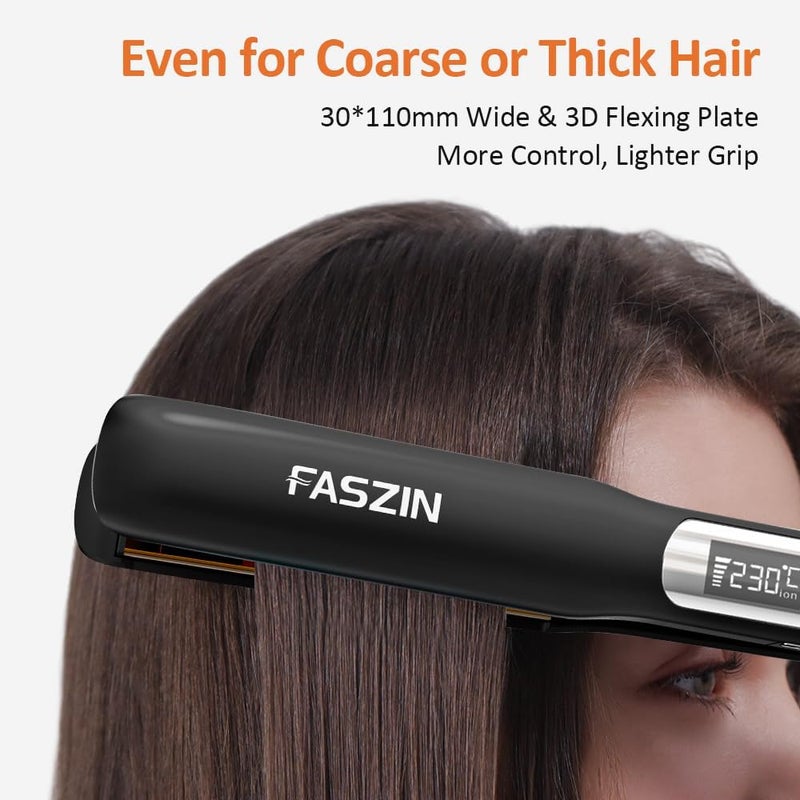 Faszin Hair Straightener, Fast Heating Titanium Flat Iron with Negative Ion for Smooth Hair, 2-In-1 3D Floating Wide Plate Hair Iron for All Hair Types, Dual Voltage & 11 Levels Adjustable Temp(Black) - Image 5