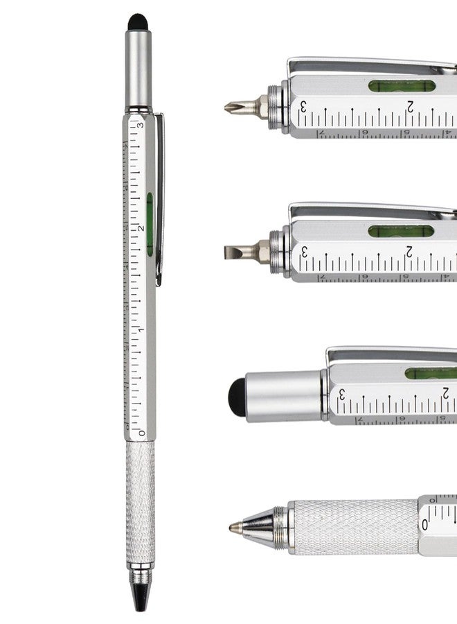 DUNBONG Metal Multi tool Pen 6-in-1 Stylus Pen - With Screwdriver, Ballpoint Pen Black ink, Stylus pen, Level and Ruler, 1-Count (Silver) - Image 1