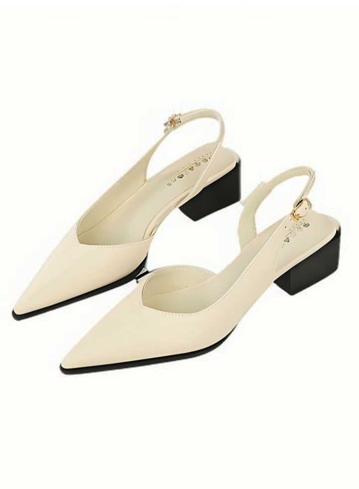 بيج تري أحذية الكعب منخفضة الكتلة للمرأة مع حزام الكاحل مغلق أشارت إصبع القدم الصنادل كريم أبيض - Image 1