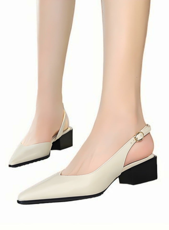 بيج تري أحذية الكعب منخفضة الكتلة للمرأة مع حزام الكاحل مغلق أشارت إصبع القدم الصنادل كريم أبيض - Image 3