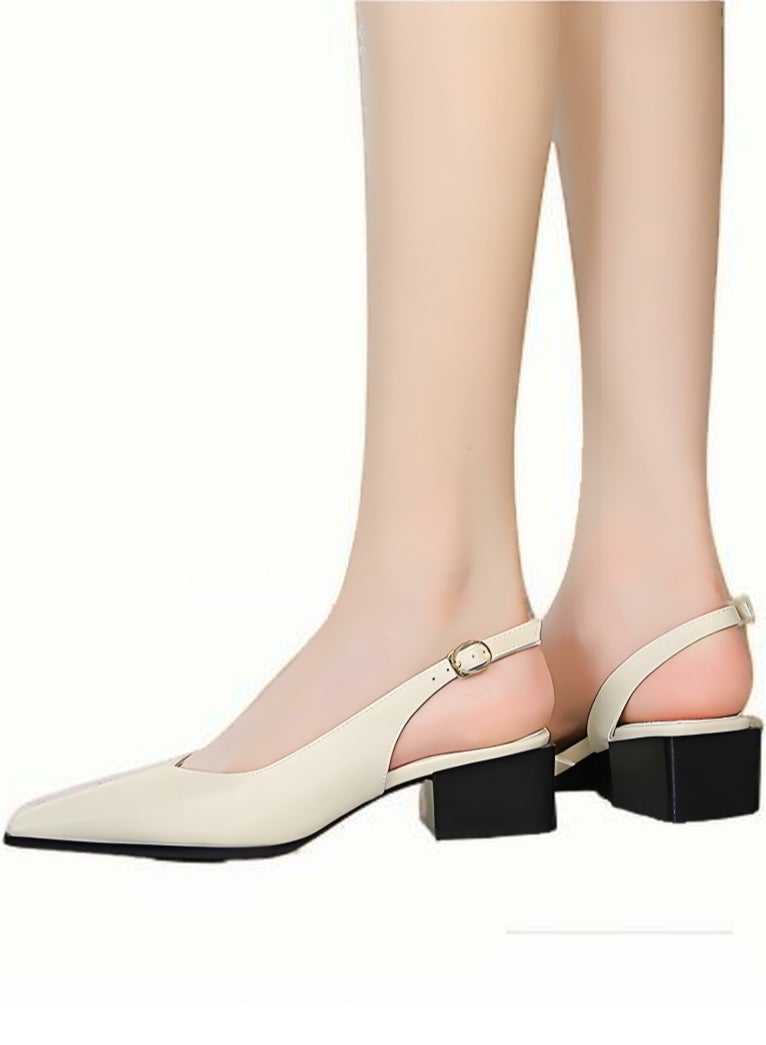 بيج تري أحذية الكعب منخفضة الكتلة للمرأة مع حزام الكاحل مغلق أشارت إصبع القدم الصنادل كريم أبيض - Image 4