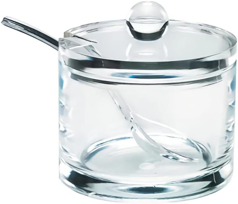 J&M DESIGN Clear Acrylic Sugar Bowl With Lid And Spoon For Coffee, Cereal Bowls, Tea, Countertop Canisters & Baking - 8 oz Container Jar Dispenser Holder - Dishwasher Safe - Image 1