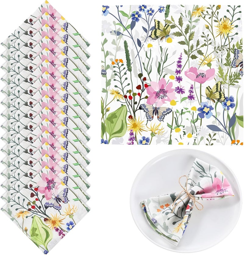 Maxcheck 24 Pcs Reusable Cotton Cloth Napkins 16 x 16 Inch Floral Flower Washable Cocktail Dinner Napkins for Family Dining Wedding Party Table DecorationFresh Flower - Image 1