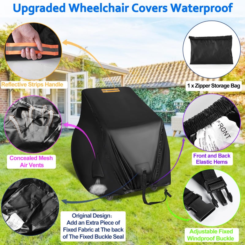 GRABADO Electric Wheelchairs Cover Waterproof 420D Heavy Duty Wheelchair Cover With Air Vent Waterproof Strip Reflective Handle Outdoor Protective Cover For Travel & Shower Power Wheelchair Mobility Scooter - Image 4
