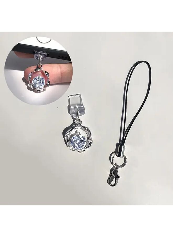 Shiny Round Zirconia Phone Dust Plug with Lanyard for iPhone 6 to 14 Pro Max - Image 1