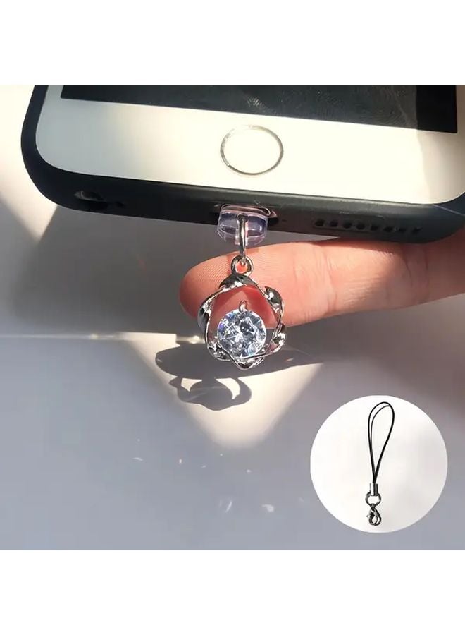 Shiny Round Zirconia Phone Dust Plug with Lanyard for iPhone 6 to 14 Pro Max - Image 2