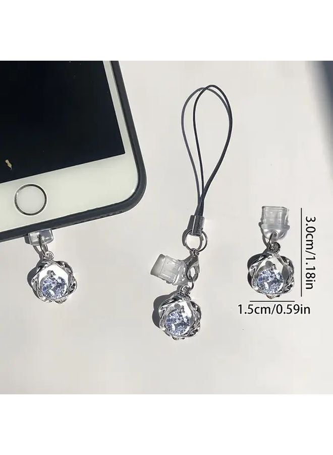 Shiny Round Zirconia Phone Dust Plug with Lanyard for iPhone 6 to 14 Pro Max - Image 3