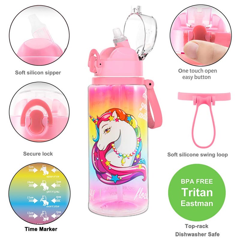 Home Tune 23oz Kids Water Drinking Bottle - Tritan BPA Free  Wide Mouth  Auto Flip Cap  Secure Lock  Easy Open  Lightweight  Leak-Proof Time Marker Water Bottle For Girls & Boys - Mermaid - Image 2
