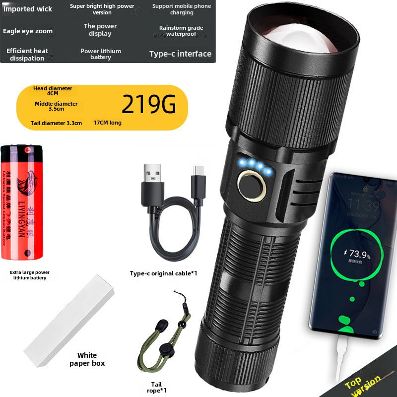 Devil Angel's Eye White Laser Direct Charge Super Bright Flashlight Outdoor Remote High Power Rechargeable Xenon Lamp(P70 Angel Zoom Display Data Line 26650 Section [Rechargeable Mobile Phone] Black) - Image 1