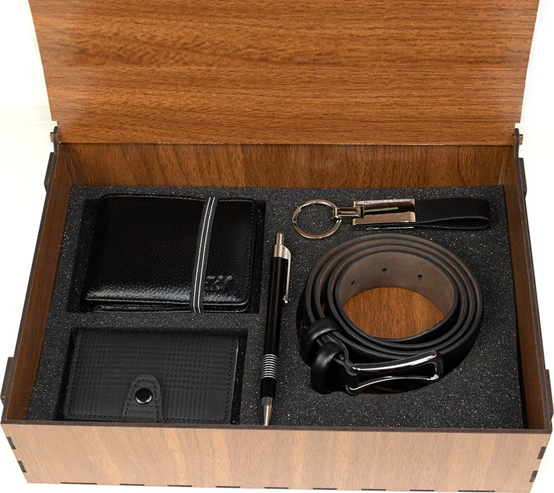 HKY Men's Leather Wallet & Mechanism Card Holder and Belt Set