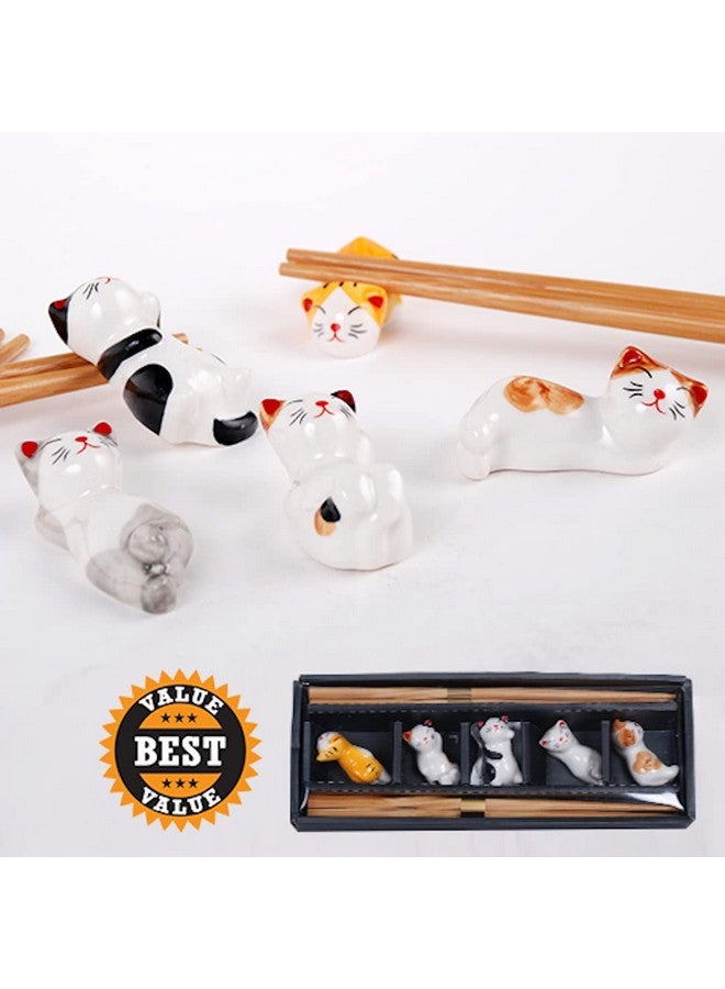 Happy Sales Happy Sales HSRST-CAT, Japanese Chopsticks Set with Cute Kitten Maneki Neko Lucky Fortune Cats Chopsticks Rest 5 Pair Assorted Colors Chopsticks Set Dining Table Starter Kit Beautiful Gift, Cat  - Image 3